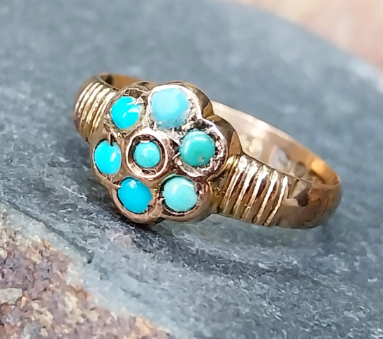 Antique Victorian 9ct Rose GOLD Turquoise Ring - Chester c 1899 - uk M 1/2 (6.5)