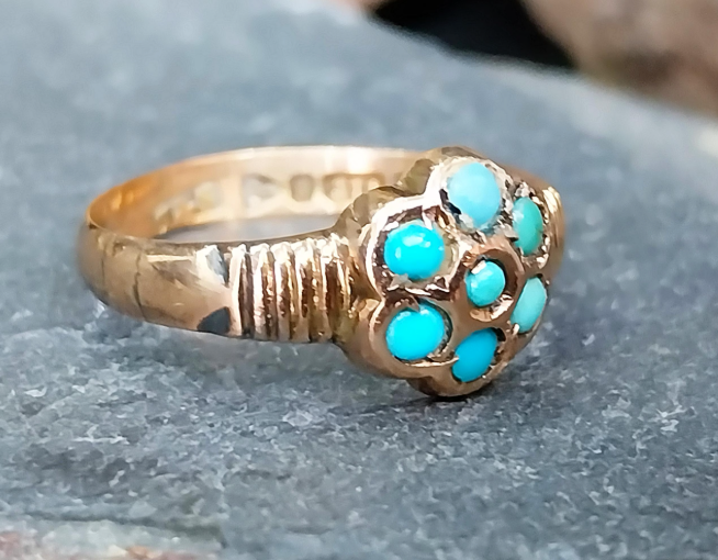 Antique Victorian 9ct Rose GOLD Turquoise Ring - Chester c 1899 - uk M 1/2 (6.5)