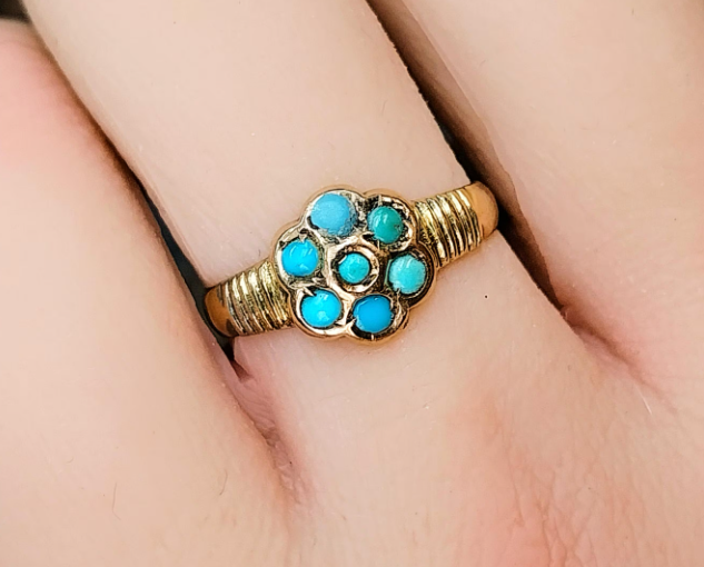 Antique Victorian 9ct Rose GOLD Turquoise Ring - Chester c 1899 - uk M 1/2 (6.5)