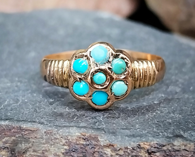 Antique Victorian 9ct Rose GOLD Turquoise Ring - Chester c 1899 - uk M 1/2 (6.5)