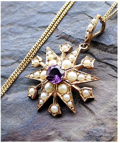 Vintage 9ct Gold Starburst Pendant Necklace with Amethyst and Seed Pearls - 20" - 6.2g