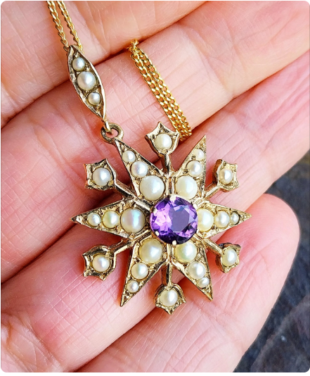 Vintage 9ct Gold Starburst Pendant Necklace with Amethyst and Seed Pearls - 20" - 6.2g