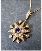 Vintage 9ct Gold Starburst Pendant Necklace with Amethyst and Seed Pearls - 20" - 6.2g