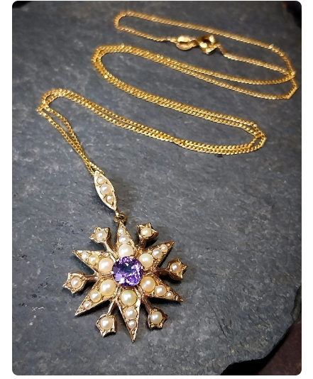 Vintage 9ct Gold Starburst Pendant Necklace with Amethyst and Seed Pearls - 20" - 6.2g