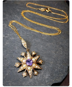 Vintage 9ct Gold Starburst Pendant Necklace with Amethyst and Seed Pearls - 20" - 6.2g