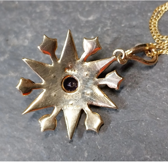 Vintage 9ct Gold Starburst Pendant Necklace with Amethyst and Seed Pearls - 20" - 6.2g