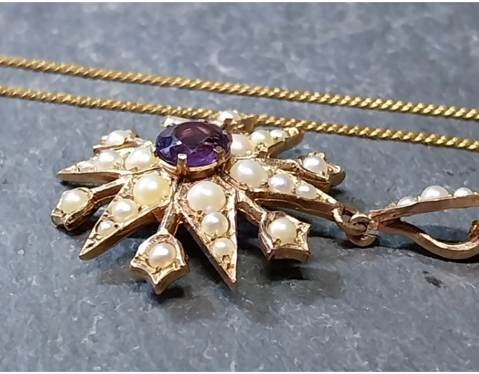Vintage 9ct Gold Starburst Pendant Necklace with Amethyst and Seed Pearls - 20" - 6.2g