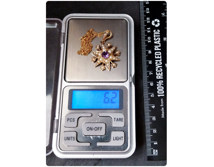 Vintage 9ct Gold Starburst Pendant Necklace with Amethyst and Seed Pearls - 20" - 6.2g
