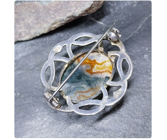 THOMAS EBBUTT Moss Agate Brooch - Scottish Silver c.1967 - 9g