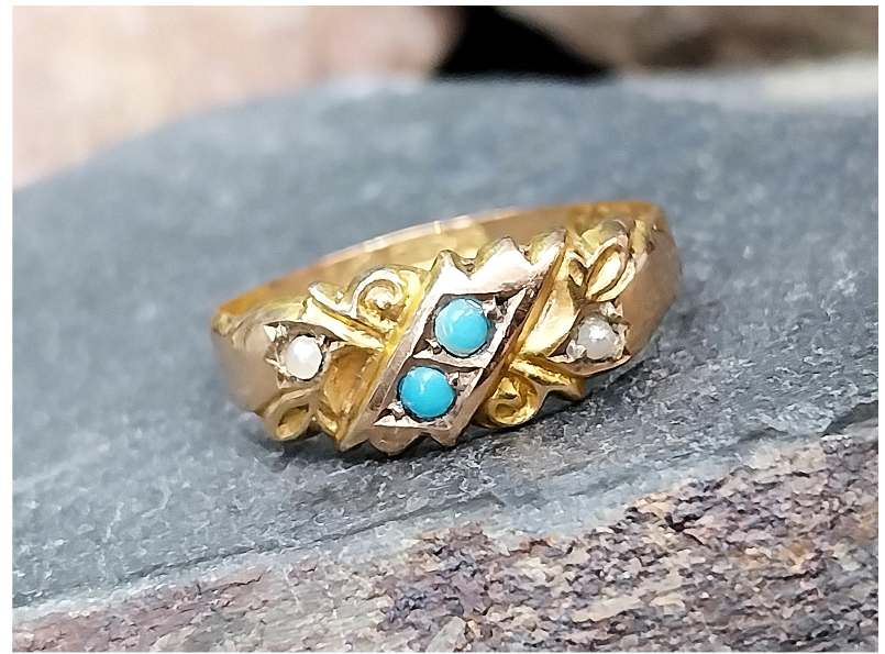 Antique Victorian 9ct Gold Turquoise & Seed Pearl Ring - uk O (us 7) c 1875