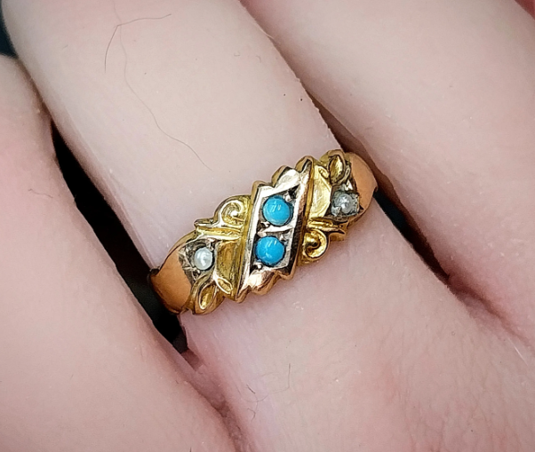 Antique Victorian 9ct Gold Turquoise & Seed Pearl Ring - uk O (us 7) c 1875