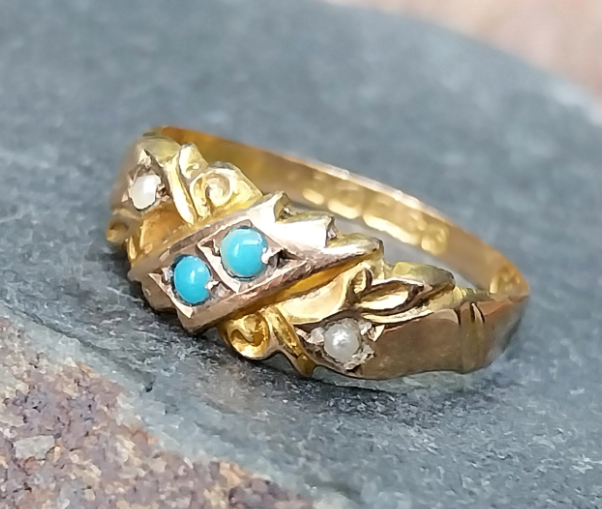 Antique Victorian 9ct Gold Turquoise & Seed Pearl Ring - uk O (us 7) c 1875