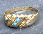 Antique Victorian 9ct Gold Turquoise & Seed Pearl Ring - uk O (us 7) c 1875