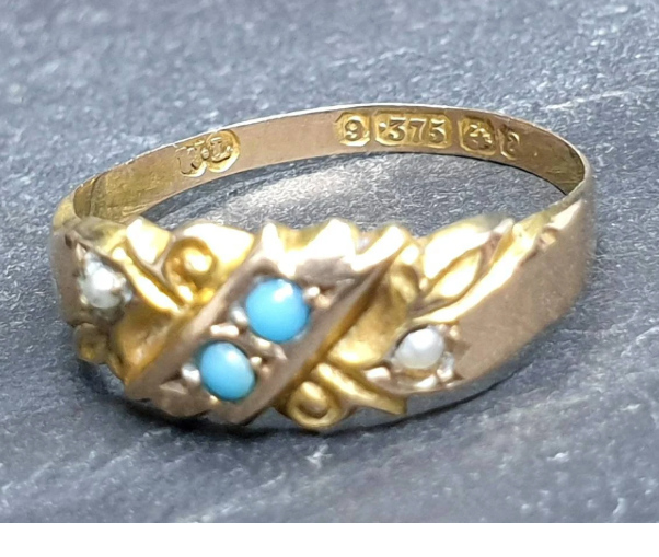 Antique Victorian 9ct Gold Turquoise & Seed Pearl Ring - uk O (us 7) c 1875
