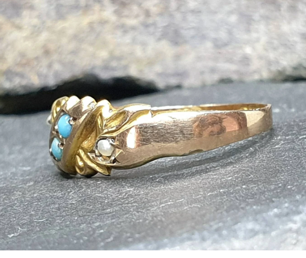 Antique Victorian 9ct Gold Turquoise & Seed Pearl Ring - uk O (us 7) c 1875