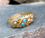 Antique Victorian 9ct Gold Turquoise & Seed Pearl Ring - uk O (us 7) c 1875