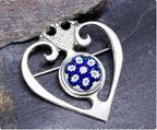 Vintage SILVER CAITHNESS BROOCH - Millefiori Heart and Crown Luckenbooth - 10.4g