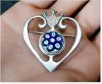 Vintage SILVER CAITHNESS BROOCH - Millefiori Heart and Crown Luckenbooth - 10.4g