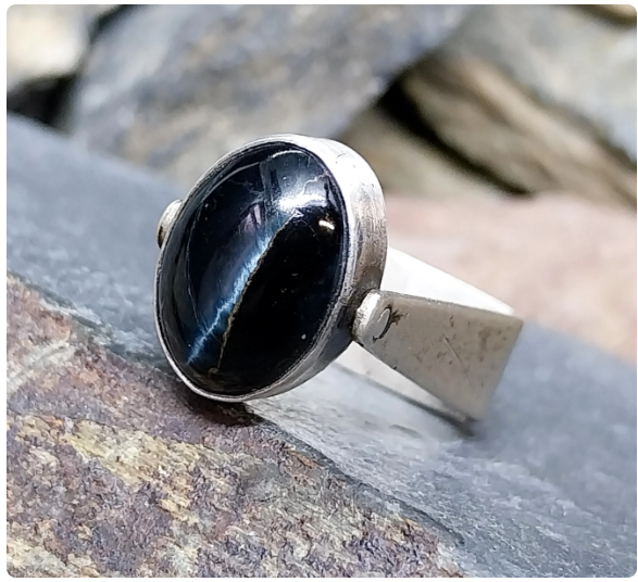 Vintage SPINNER RING - Onyx and Tigers Eye Sterling Silver - uk size K (5) 6g