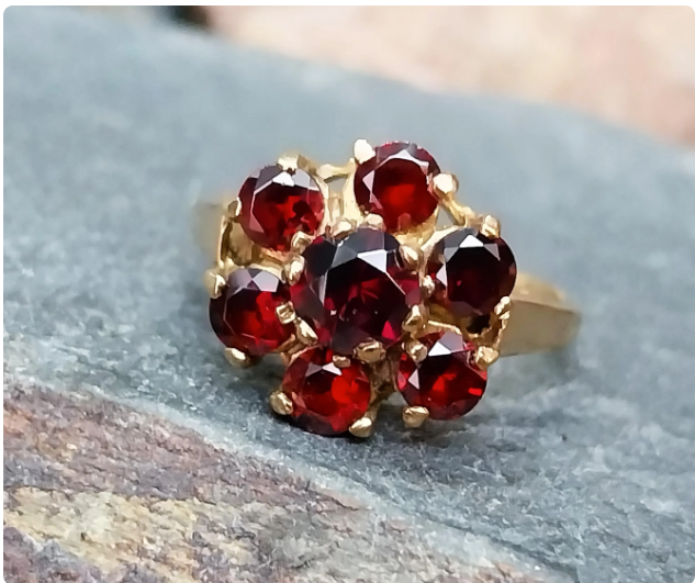Vintage 9ct GOLD GARNET Ring - with Mandarin Spessartite Cluster - Size K - 3.1g