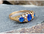 Antique Victorian 9ct GOLD Ring c.1887 - Blue Stones - UK Size P (us 7.5) - 1.4g