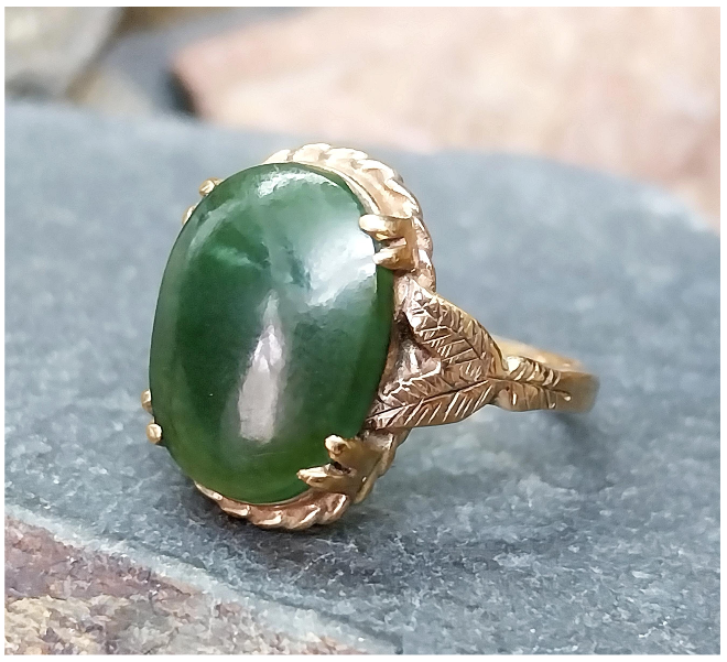 Antique 9ct Rose Gold Green Agate Ring  chryophase Jade Emerald O 1/2 (7.5) 3.4g