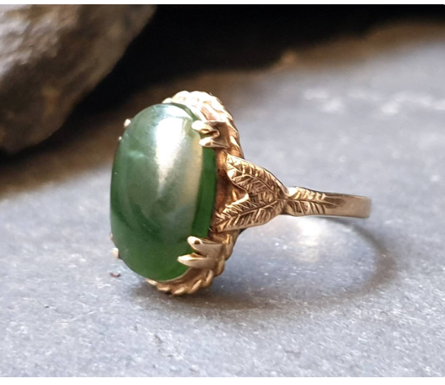 Antique 9ct Rose Gold Green Agate Ring  chryophase Jade Emerald O 1/2 (7.5) 3.4g