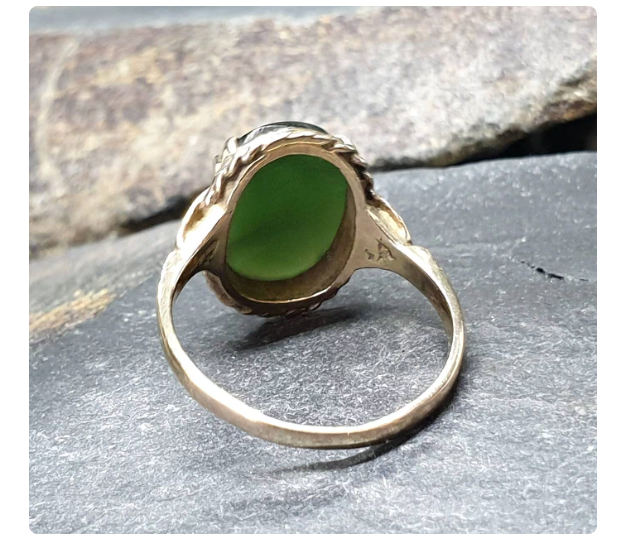 Antique 9ct Rose Gold Green Agate Ring  chryophase Jade Emerald O 1/2 (7.5) 3.4g