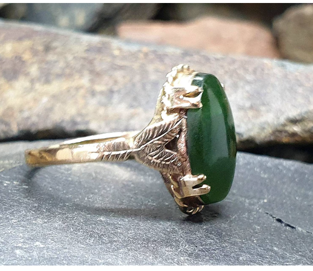 Antique 9ct Rose Gold Green Agate Ring  chryophase Jade Emerald O 1/2 (7.5) 3.4g