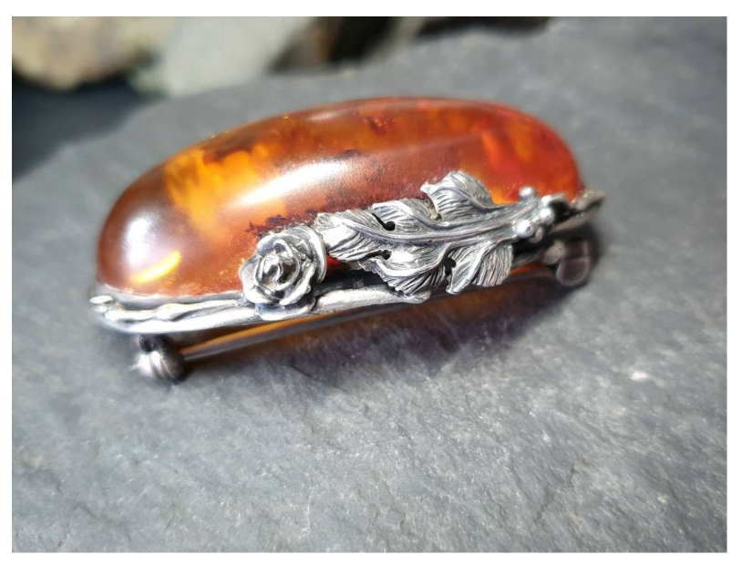 Sterling Silver Large Vintage  AMBER Brooch - Rose - 20.9g