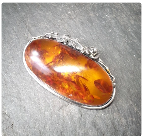 Sterling Silver Large Vintage  AMBER Brooch - Rose - 20.9g