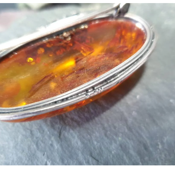 Sterling Silver Large Vintage  AMBER Brooch - Rose - 20.9g