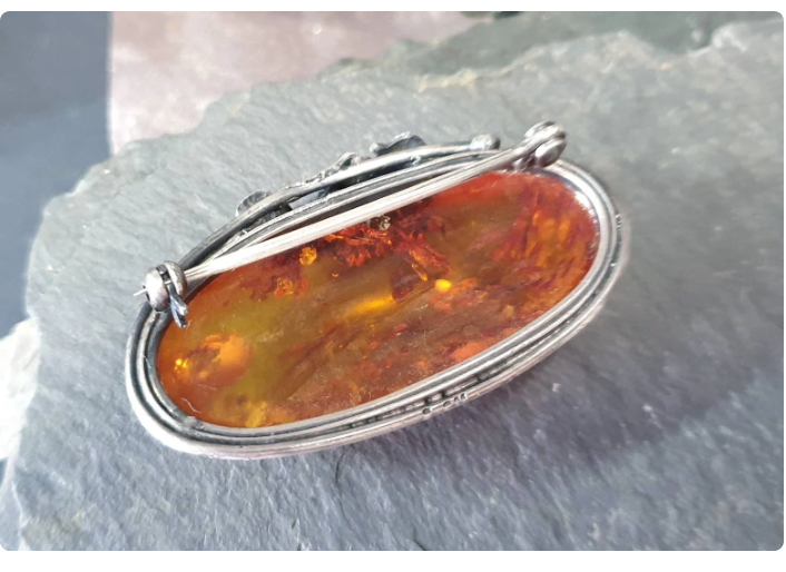 Sterling Silver Large Vintage  AMBER Brooch - Rose - 20.9g