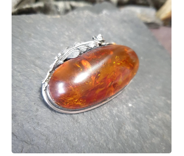Sterling Silver Large Vintage  AMBER Brooch - Rose - 20.9g
