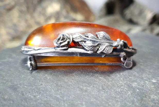 Sterling Silver Large Vintage  AMBER Brooch - Rose - 20.9g