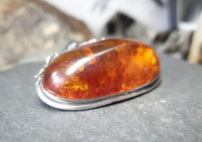 Sterling Silver Large Vintage  AMBER Brooch - Rose - 20.9g