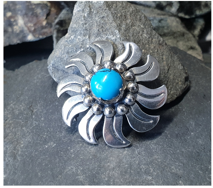 Vintage Sterling SILVER & TURQUOISE Sun Brooch - MEE heavy  19.8g