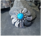 Vintage Sterling SILVER & TURQUOISE Sun Brooch - MEE heavy  19.8g