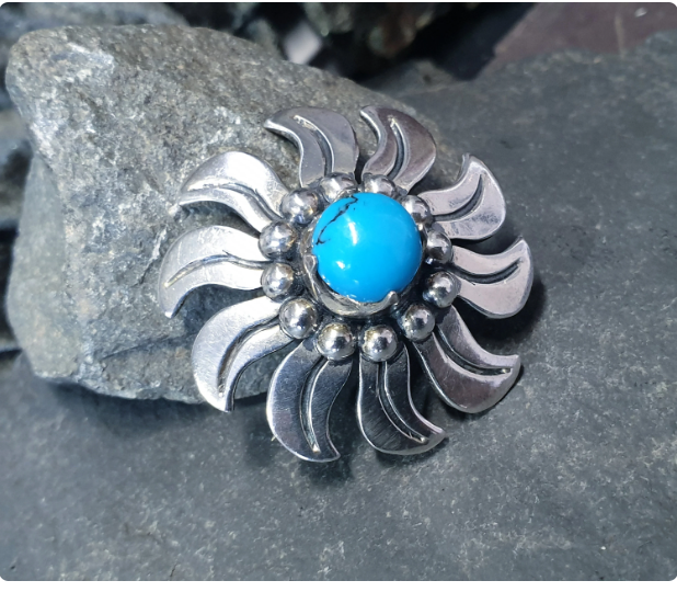 Vintage Sterling SILVER & TURQUOISE Sun Brooch - MEE heavy  19.8g