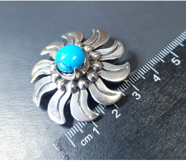 Vintage Sterling SILVER & TURQUOISE Sun Brooch - MEE heavy  19.8g