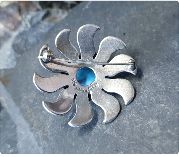 Vintage Sterling SILVER & TURQUOISE Sun Brooch - MEE heavy  19.8g