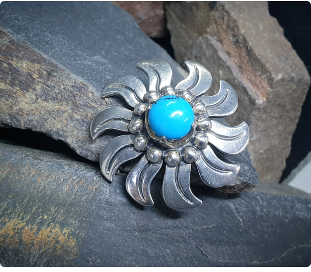 Vintage Sterling SILVER & TURQUOISE Sun Brooch - MEE heavy  19.8g