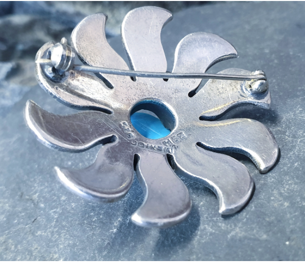 Vintage Sterling SILVER & TURQUOISE Sun Brooch - MEE heavy  19.8g