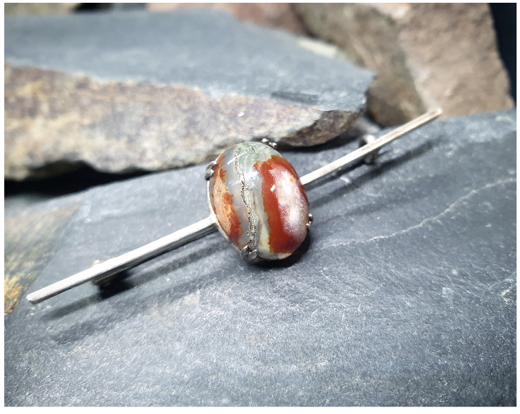 Antique 935 silver Moss Agate Bar Brooch - pin - 4.1g