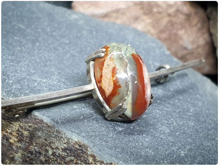 Antique 935 silver Moss Agate Bar Brooch - pin - 4.1g