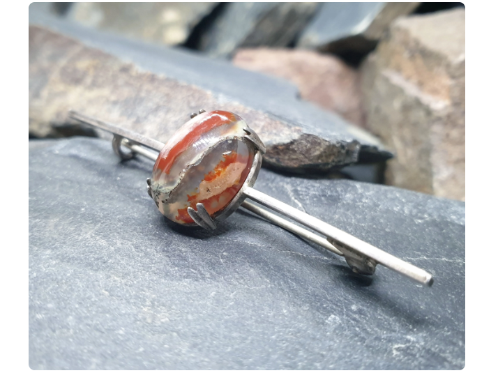Antique 935 silver Moss Agate Bar Brooch - pin - 4.1g