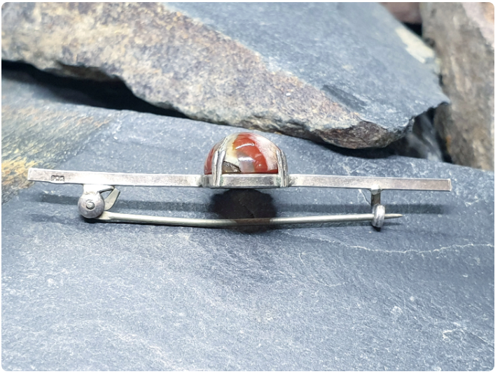 Antique 935 silver Moss Agate Bar Brooch - pin - 4.1g