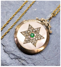 Antique 9ct Gold LOCKET - Circular with Paste Stones Star on 18" Chain - 6g