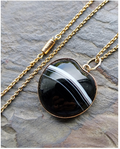 Antique 9ct ROSE GOLD Banded Agate locket pendant on Barrel Clasp 16" chain 7.7g