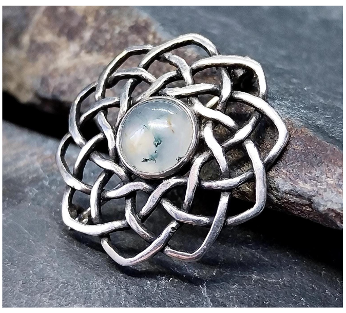 Vintage Sterling Silver Moss Agate Spiral  Brooch - 4.8g